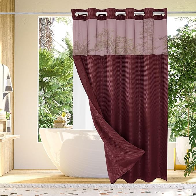 Gibelle Extra Long Shower Curtain 72x86, Waffle Weave Bathroom Shower Curtain with Snap-in Fabric Liner Set, No Hooks Needed, Hotel Style with Mesh Top Window, Burgundy