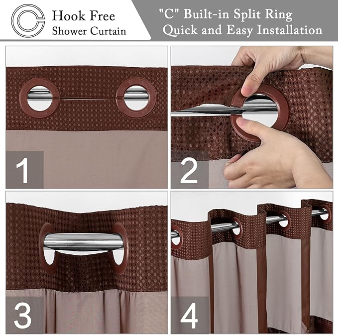 Gibelle Long Shower Curtain 72x80, Waffle Weave Bathroom Shower Curtain with Snap-in Fabric Liner Set, No Hooks Needed, Hotel Style with Mesh Top Window, Brown