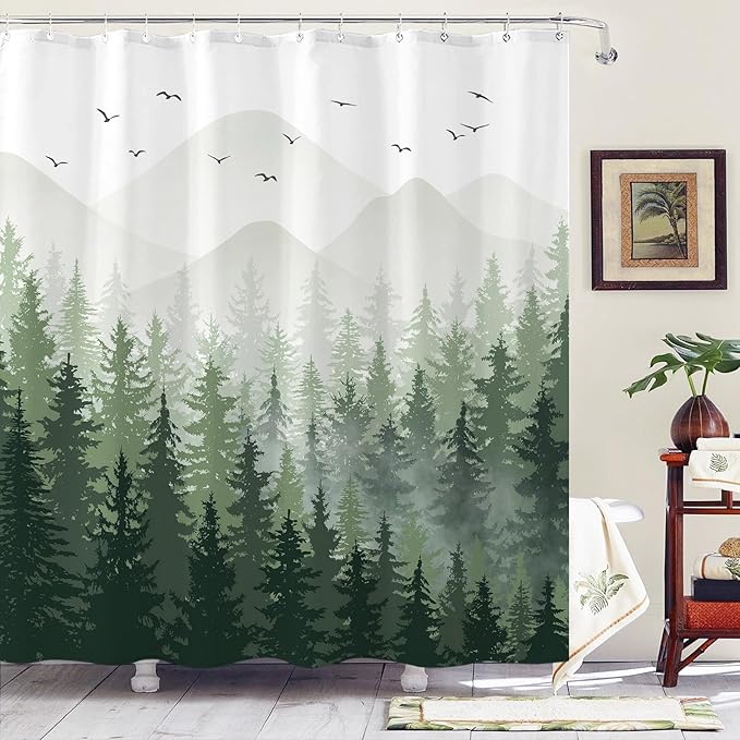Aipon Green Misty Forest Shower Curtain Ombre Nature Tree Plants Shower Curtains Fabric Waterproof Mountain Shower Curtain Sets for Bathroom Bath Decor with 12 Hooks (Green, 72'' × 84'')