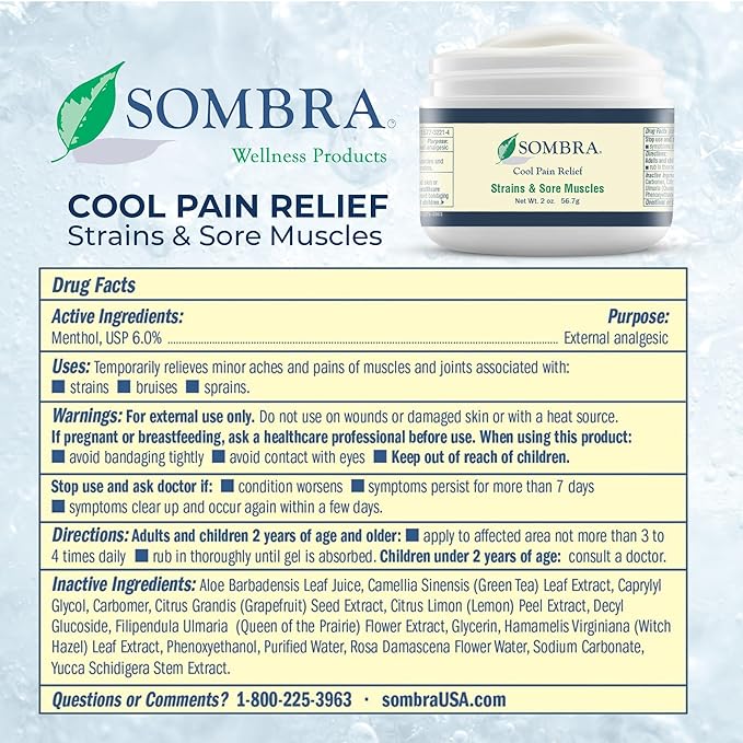 Sombra Cool Pain Relief Gel Cold Pain Relief for Swelling, Growing Pains, Soreness, Post-Workout, Vegan Formula Free of Artificial Fragrances, Dyes, NSAID, Wax, Petroleum, Alcohol - 2oz Jar (2 Pack)