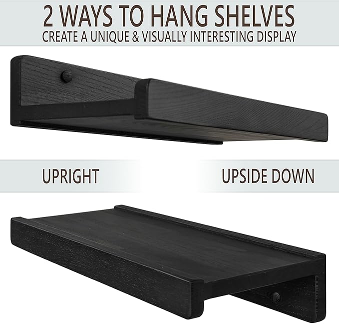 Floating Shelves for Wall 16 inch, Waterproof, Wall Storage Shelves with Lip, Display Picture Ledge Shelf for Living Room Photo Frame, Natural Wood Hanging Book Shelves (Black, Set 2)