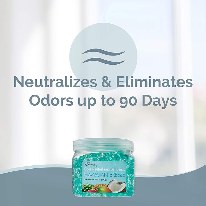 Clear Air Odor Eliminator Gel Beads - 12 oz, Pack of 2 - Air Freshener Made with Essential Oils - Eliminates Odors in Bathrooms, Cars, Boats, RVs & Pet Areas - Hawaiian Breeze Scent
