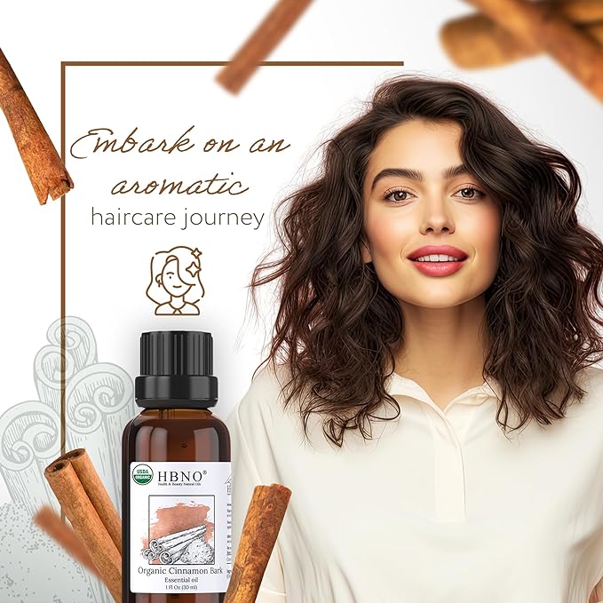 HBNO Organic Cinnamon Bark Essential Oil - 1 oz (30ml) Size - Ideal for Diffusers, Cleaning Agents, Skincare, and Haircare.