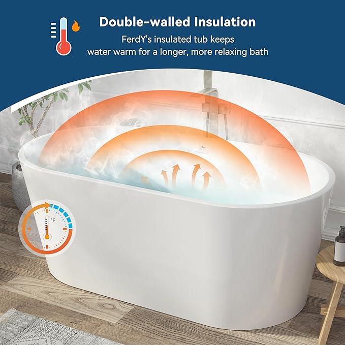 FerdY Shangri-La 59" Acrylic Freestanding Bathtub, Gracefully Shaped Soaking Bathtub, Glossy White, cUPC Certified, Brushed Nickel Drain & Minimalist Linear Design Overflow Included, 02522