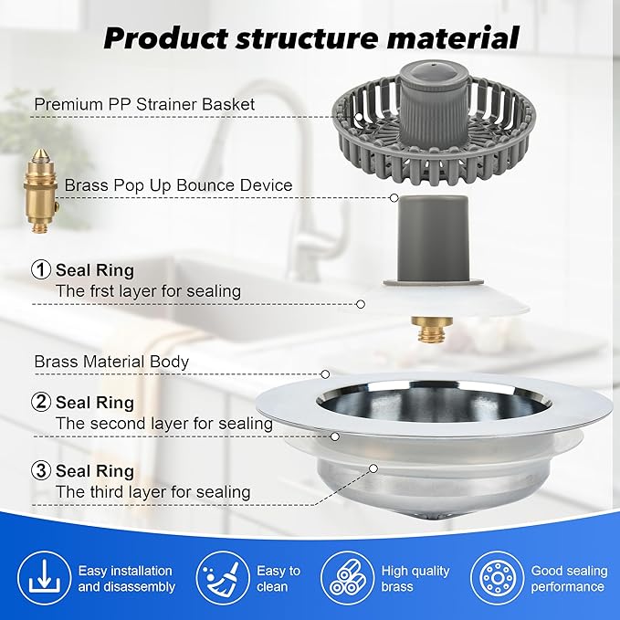 Elegant Brass Kitchen Sink Stopper with 3-in-1 Function - Easy-Clean Bounce core Strainer, Perfect for Standard Sink Drain, Durable Kitchen Sink Drain Strainer（Silver）