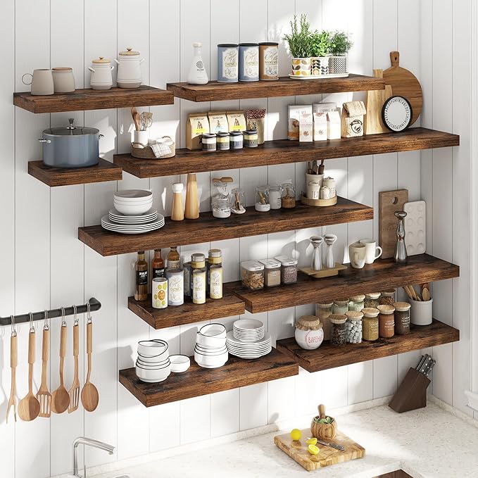 30 Inch Floating Shelves for Wall 2 Pack, 12"D Wood Grain Bathroom Shelves with Invisible Brackets, Easy Install Engineered Wood Storage Shelves for Kitchen, Living Room, Bedroom, Rustic Brown Finish