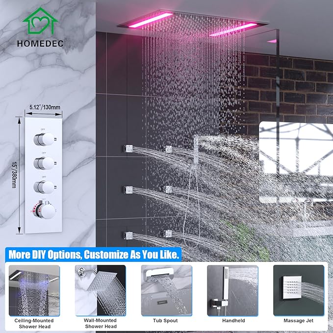 HOMEDEC 3-way Brass Thermostatic Shower Diverter, 4 Handle Flow Control Valve, 3/4 inch Inlet can Run Simultaneously, Chrome
