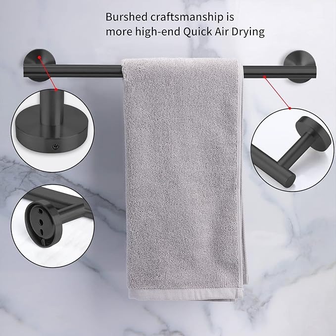 Cilee 10 Piece Matte Black Bathroom Accessories Set, 24inch Black Towel Bar Ring+Toilet Paper Holder+ Robe Towel Hook SUS304 Stainless Steel Bathroon Hardware Set