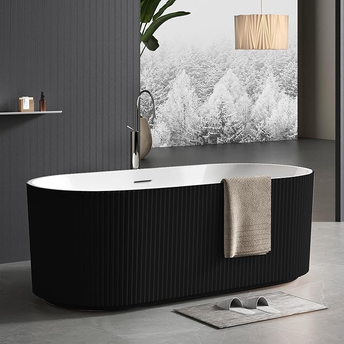 67 Inch Acrylic Freestanding Bathtub – Stripe Design, Free Standing Soaking Tub with Overflow & Pop-Up Drain, Black Exterior White Interior, Stand Alone Tub for Contemporary Bathrooms
