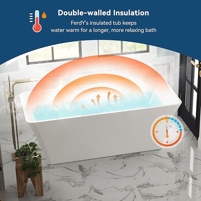 FerdY Sentosa 67" Acrylic Freestanding Bathtub, Contemporary Design Soaking Tub with Polished White Drain and Minimalist Linear Design Overflow, Easy to Install