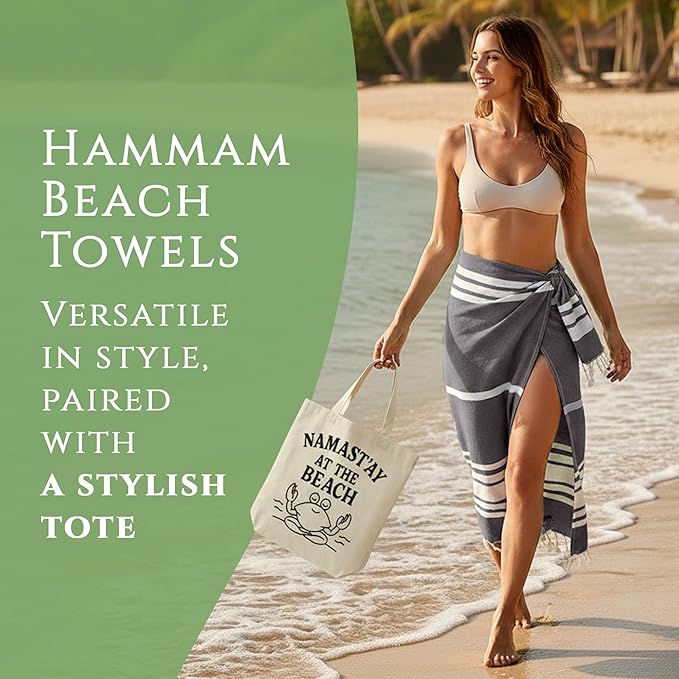 Turkish Cotton Beach Towel Pack of 4 & 1 Boho Tote Bag - Hammam Towels - No Shrink - Quick Dry - Lightweight - Sand Free - Camping - Pool - Beach Essentials - Blue,Gray,Purple, Green (40"x70")