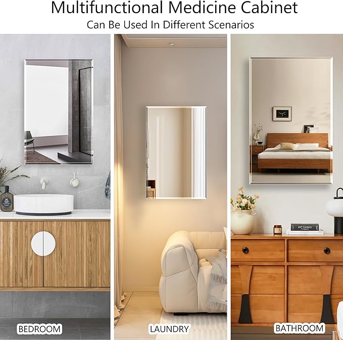 Bathroom Medicine Cabinet with 20"x26" Frameless Beveled Mirror,Recessed or Surface Mount, Space-Saving Storage for Toiletries,White Finish,Easy Installation