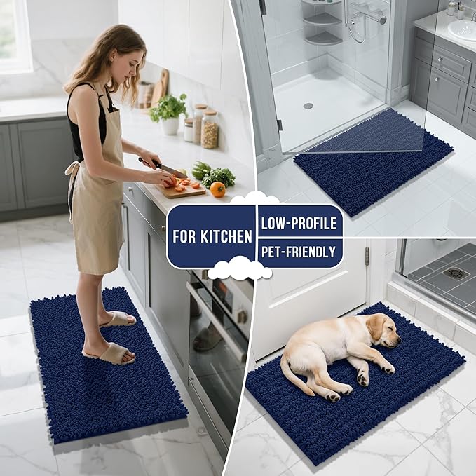 Yimobra Long Bathroom Rugs Non Slip Washable 44x24 Inch - Ultra Soft Absorbent Chenille Bath Mat, Quick Dry Shaggy Floor Carpet for Tub Shower, Navy Blue Home Decor Accessories