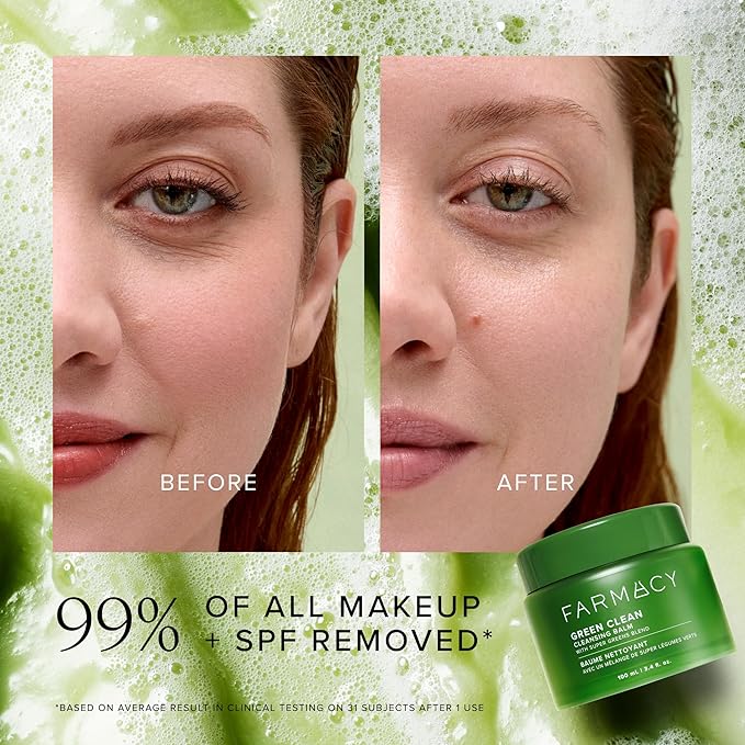 Farmacy Makeup Remover Cleansing Balm - Green Clean Waterproof Makeup Remover Balm + Oil Cleanser for Face - Gently Removes Make Up + SPF while Hydrating Skin (30ml)