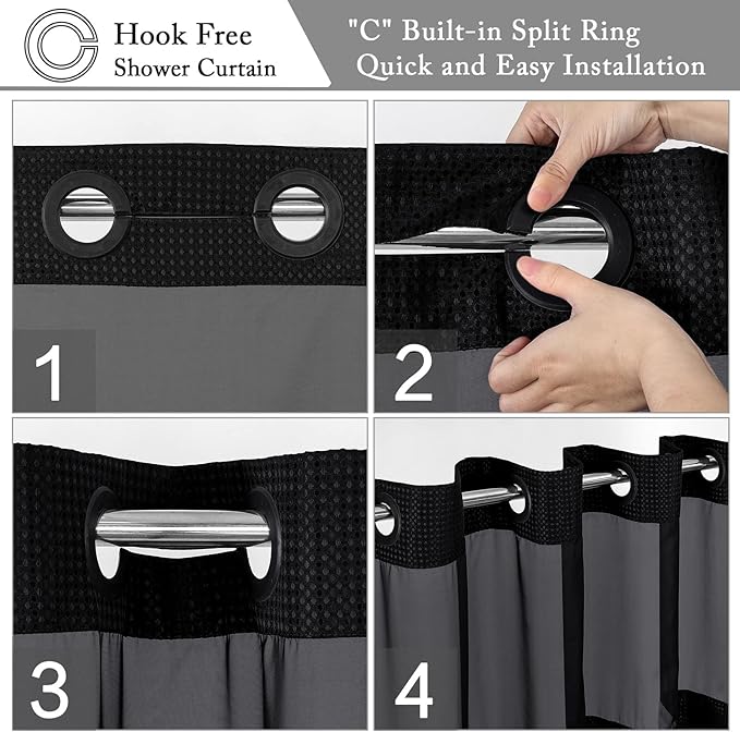 Gibelle Long Shower Curtain 72x80, Waffle Weave Bathroom Shower Curtain with Snap-in Fabric Liner Set, No Hooks Needed, Hotel Style with Mesh Top Window, Black