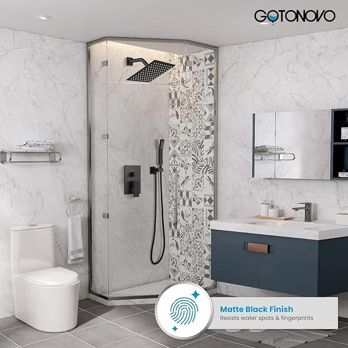 gotonovo Rainfall Bathroom Shower System Rain Shower Head and Handle Set Wall Mounted Shower Complete Combo Solid Brass Pressure Balancing Shower Mixer Valve 8 Inch Matte Black