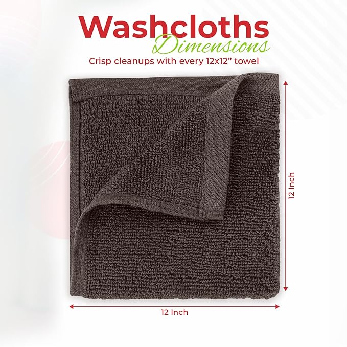 RIVERSIDE 12 Pack Washcloths - 12x12 Inches, 400 GSM, 100% Ring-Spun Cotton - Soft, Absorbent & Durable Face and Body Towels - for Bathroom, Spa, Gym, Makeup Removal & Everyday Use - Brown