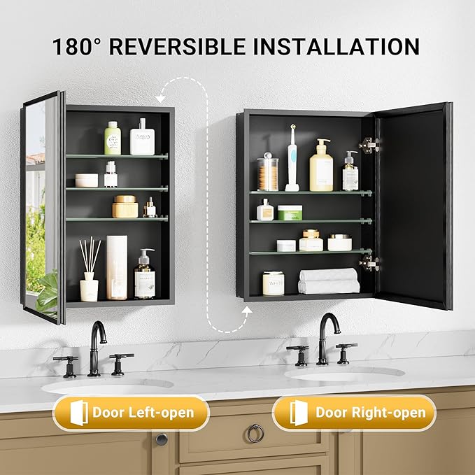 60x30 Pre-Assembled Black Medicine Cabinet with Mirror, Surface or Recessed Medicine Cabinet Mirror for Bathroom, Aluminum Beveled Frame Bathroom Vanity Mirror with Adjustable Shelves Storage