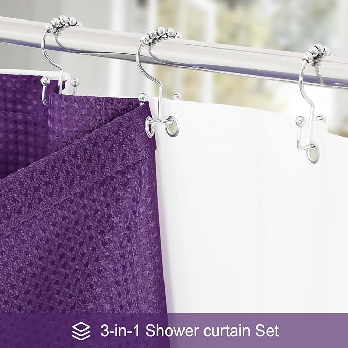 3 in 1 Stall Half Size Purple Shower Curtain Set-36 W x 72 H, Modern Waffle Waterproof Fabric and PEVA Liner Set with Stainless Steel Hooks