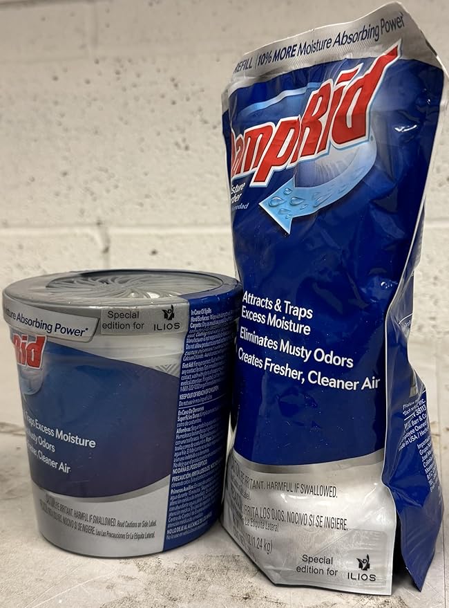 Damp Rid Refillable Moisture Absorber, Includes Single Damp Rid Lavender Vanilla 11oz. Cup & 44oz. Refill Bag - Moisture Absorbers for Closet, 10% More Absorbing Power*, Cleaner Air - ILIOS Packaging.