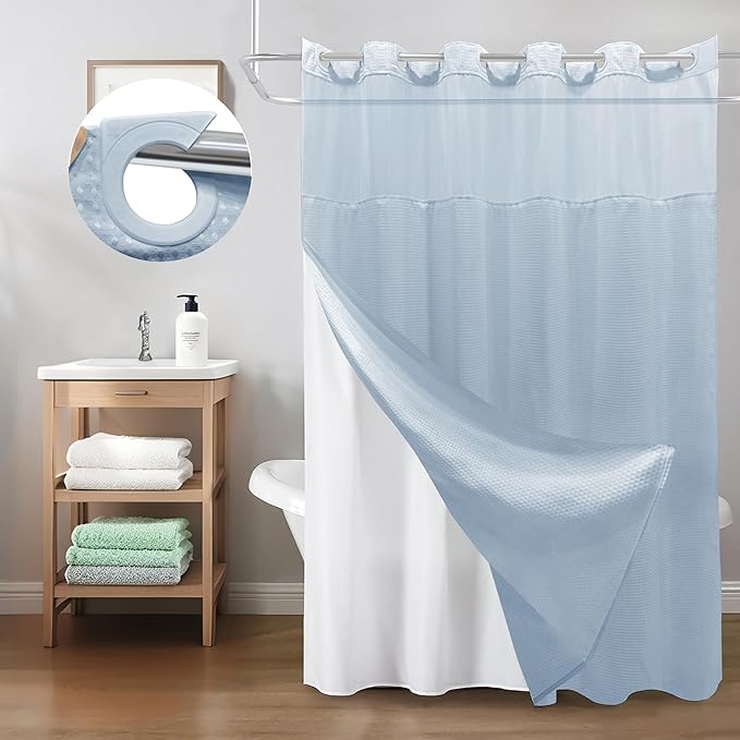 Inhousolu Long No Hook Shower Curtain with Snap in Fabric Liner Set Waffle Weave 230GSM Weighted Hem, Waterproof & Washable Bathroom Curtain Spa Luxury with Mesh Top Window 72" W x 78" L Fog Blue