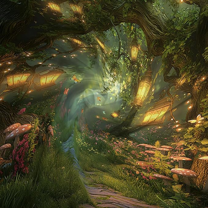 Fantasy Forest Path Shower Curtain Fairy Magical Enchanted Misty Jungle Mushroom Floral Tree Butterfly Lantern Wonderland Plant Bath Curtain Fabric Bathroom Accessories Decor with Hooks 70W x75L