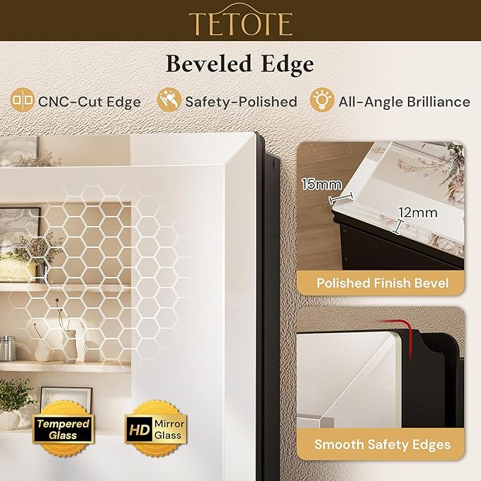 TETOTE 24 x 32 Medicine Cabinet with Mirror with Tempered Beveled Mirror Black Medicine Cabinet Aluminum Cabinet DTC Hinges, Stepless Adjustable Shelves, Recessed/Surface-Mounted