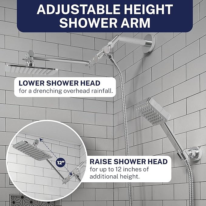 HammerHead® Solid Metal Dual Shower Head Combo — 8" Square Rain Shower Head with Handheld, 12" Adjustable Arm & Wall-Mount Holder for Flexible Installation — Chrome