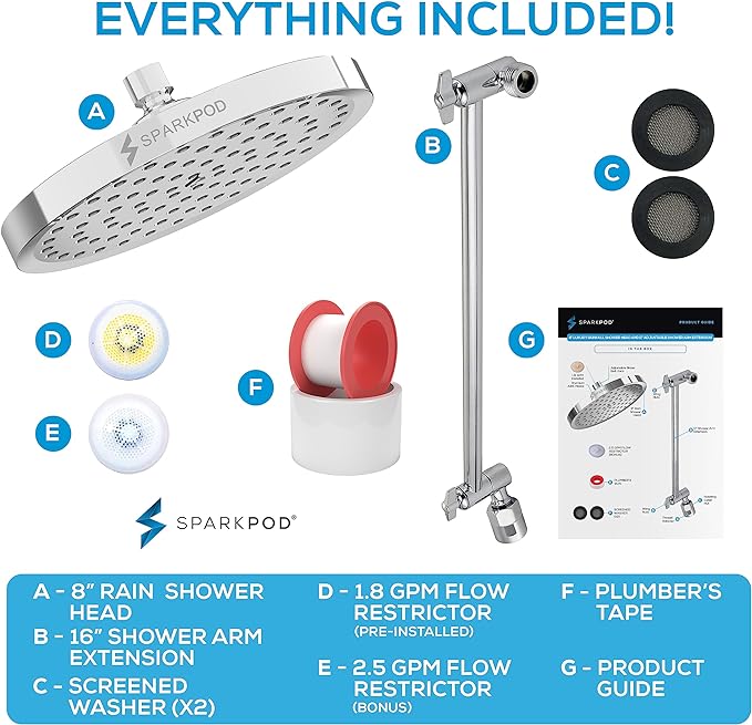SparkPod Round Rain Shower Head with Extension Arm - Height Adjustable Shower Head with High Pressure Performance - Easy 1-Minute Installation (16" Arm Extension, Luxury Polished Chrome)