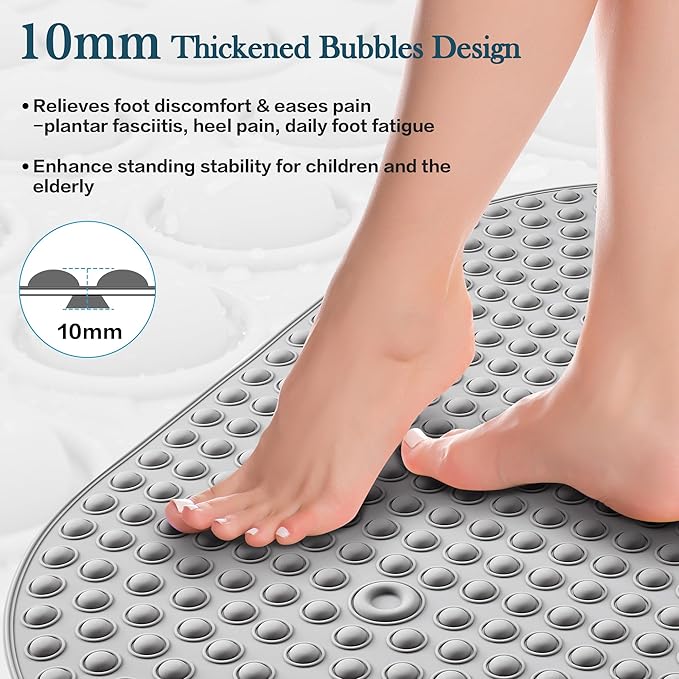 Silicone Bath Mat for Tub Non Slip, Bubble Massage Anti Slip Shower Mat with 27 x 15 Inches for Easy Storage, Washable Bathtub Floor Mats for All Ages, Grey, Oval