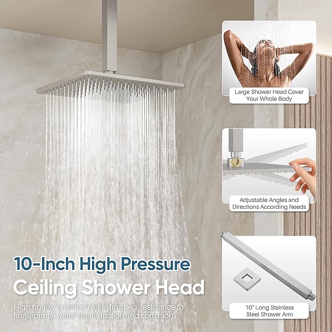 Nickel Shower System, Brushed Nickel Shower Faucet Set, 10'' Ceiling Shower Head, 6'' Wall Mounted Shower Head, 3 In 1 Push Button Shower Valve Kit, Waterfall ShowerHead with Handheld, Brushed Nickel