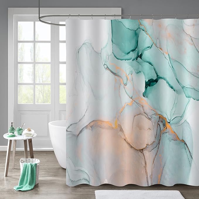 Gibelle Extra Long Shower Curtain 72 x 84, Tall Abstract Grey Teal Marble Shower Curtain, Modern Ink Art Waterproof Fabric Shower Curtain Set with Hooks