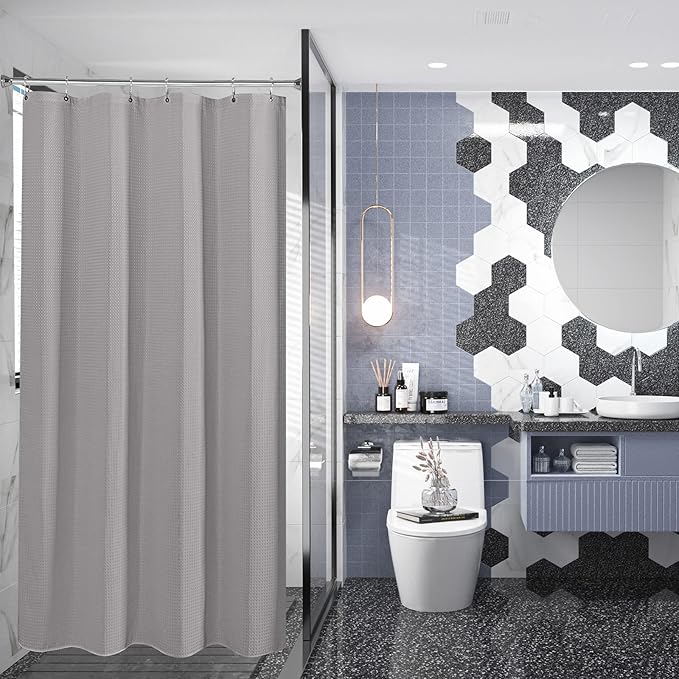 AmazerBath Grey Shower Curtain Waffle Textured, Small Stall Shower Curtain Gray Fabric, Bathroom Shower Curtains for RV/Camper, Heavy Duty 240GSM, 36 x 72 Inches
