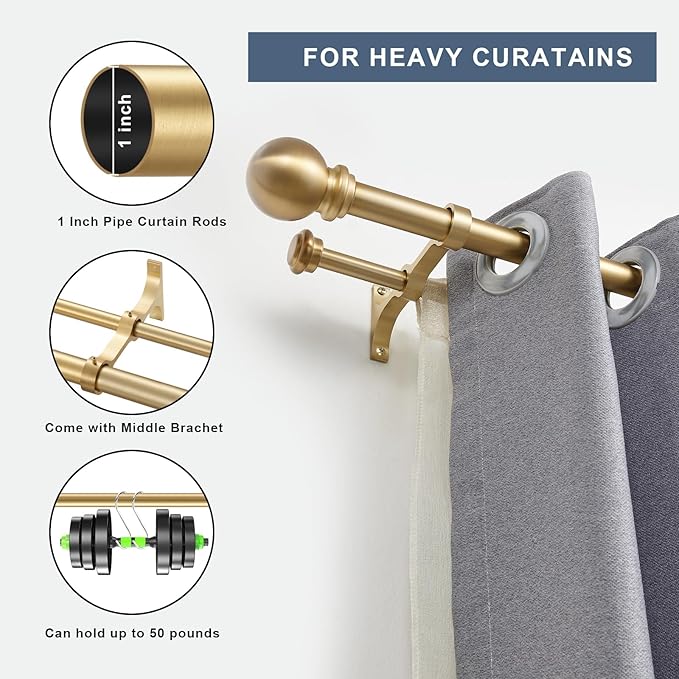 Double Curtain Rod, Adjustable 1 inch Double Drapery Rod Rods for Windows 48 to 84 inch,Ball Round Finials with Brackets Set (48-84",Gold)