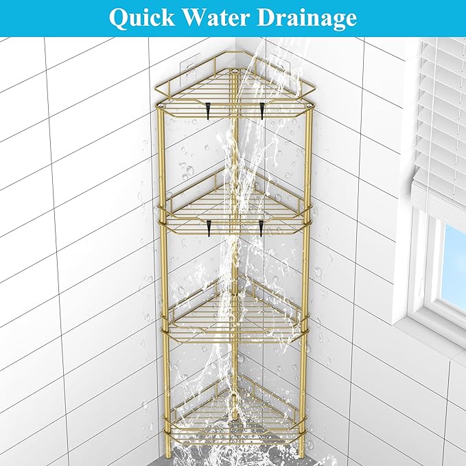 4 Tier Floor Standing Corner Shower Caddy Organizer Shelf with Hooks, Bathroom Shelves Stand Rack, Gold