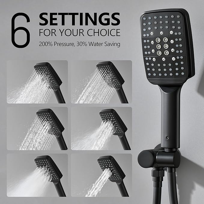 Shower Faucet Set Wall Mounted Shower head with Handheld Comb Rain System 6 Function Pressure Balance - Stainless Steel Bathroom Shower Kit Complete 12 Inch Matte Black(With Valve)