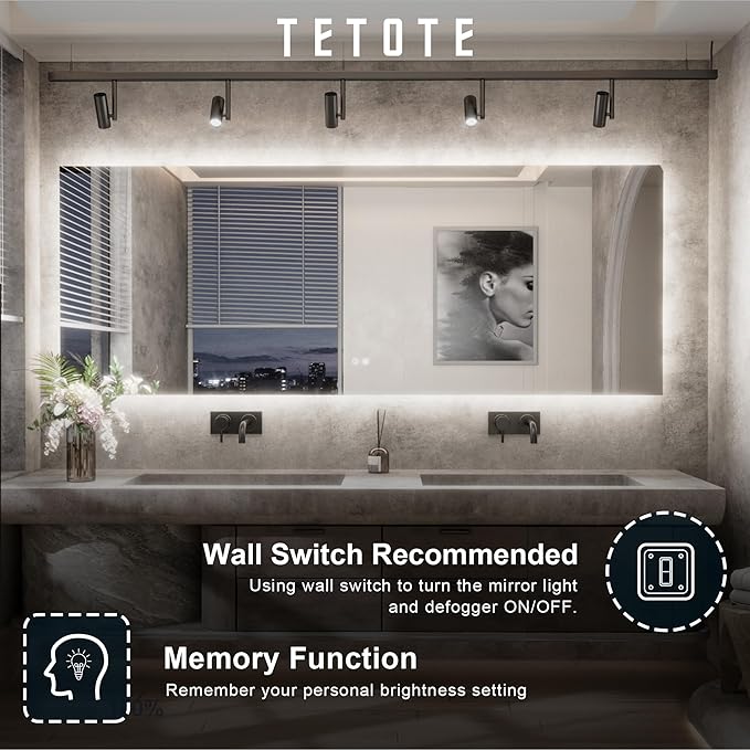 TETOTE 42 x 36 Inch LED Mirror Backlit Bathroom,Anti-Fog Mirror with Light,Dimmable,CRI90+,IP54 Water Proof,Wall Mounted Vanity Lighted,Horizontal/Vertical