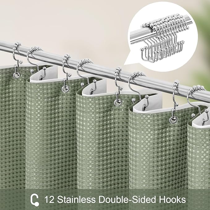 3 in 1 Shower Curtain Set, Sage Green Waffle Shower Curtain and PEVA Liner Set with 12 Stainless Steel Shower Curtain Hooks, Waterproof Fabric Shower Curtains for Bathroom, 72 W x 72 H