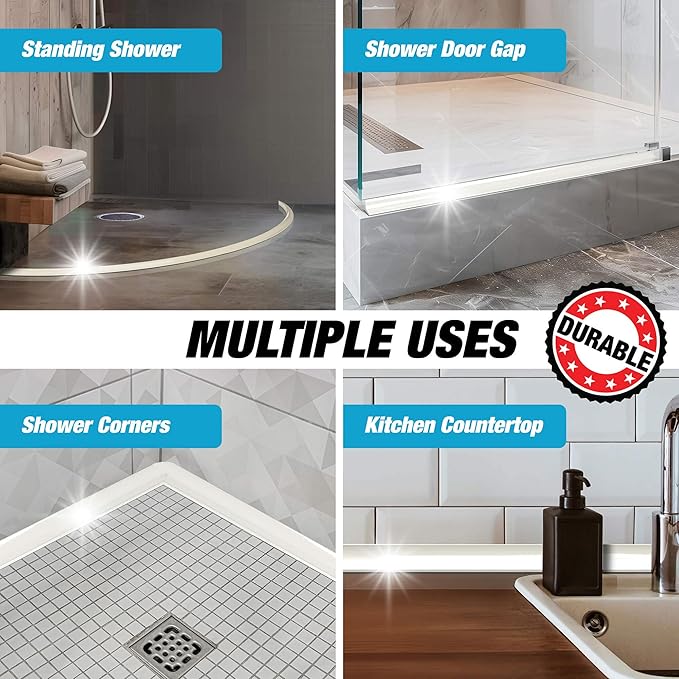 Shower Threshold Water Dam Barrier 45" - White Collapsible Shower Water Blocker - Guard for Walk in Shower - Water Guard Stopper for Floor - Shower Door Water Blocker by Hippo Dam