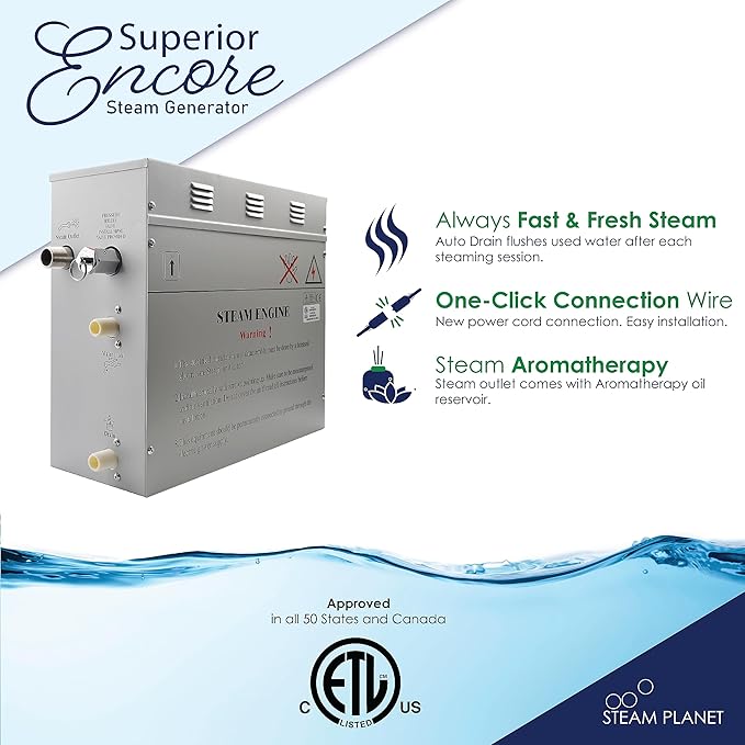 Superior Encore Plus 24kW Steam Shower Generator Kit with Horizontal Black Keypad, Drip Pans & White Lights | Bluetooth Audio|Self-Draining Steam Bath Generator|One-click Connection Cord|