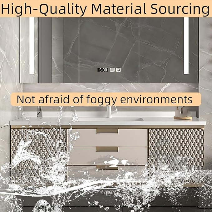72IN Modern Bathroom Vanity - Wall-Mounted Bathroom Cabinet with LED Light | Intelligent Defogging Mirror Cabinet Includes Time Display Function, 2 Drawers & 2 Storage Cabinets (Style A)
