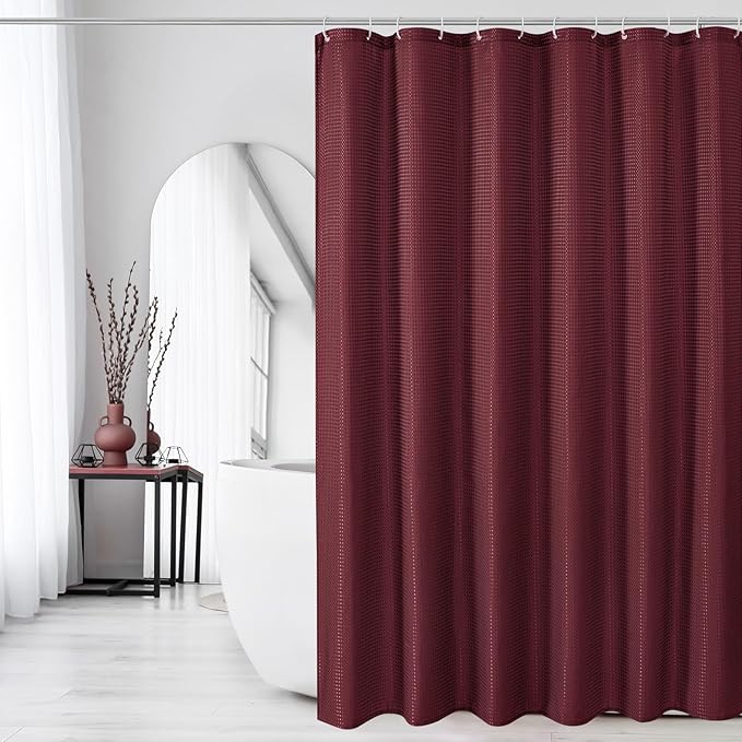 Gibelle Extra Long Shower Curtain 72 x 84, Tall Waffle Weave Textured Fabric Shower Curtain for Bathroom, Water Repellent, Machine Washable, Burgundy