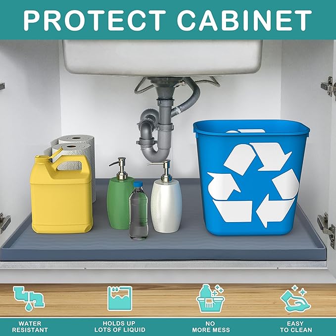 URMONA Waterproof Silicone Under Sink Mat 22'' x 22'' Shelf Liner for Kitchen and Bathroom, Cabinet and Counter Protector, Storage and Organizers, Litter Mat, Pet Cat Puppy Essentials(Khaki)