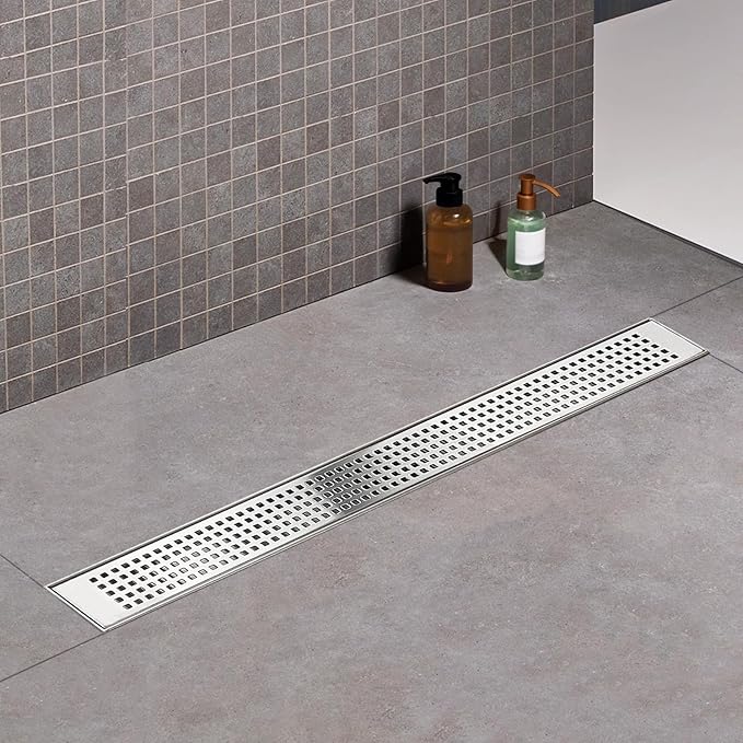 Offset Linear Shower Drain, Shower Drain 32 inch with Removable Grate Cover, Professional AISI 304 Stainless Steel Side Outlet Shower Floor Drain with Hair Catcher and Leveling Feet