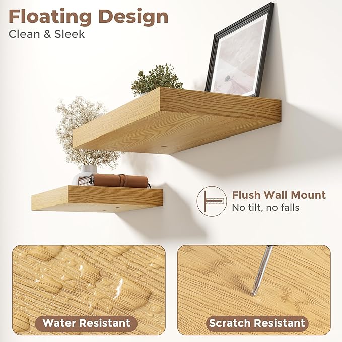 12 Inch Square Floating Shelves for Wall 2 Pack, 12"D Wood Grain Bathroom Shelves with Invisible Brackets, Easy Install Engineered Wood Storage Shelves for Kitchen, Living Room, Bedroom, Oak Finish