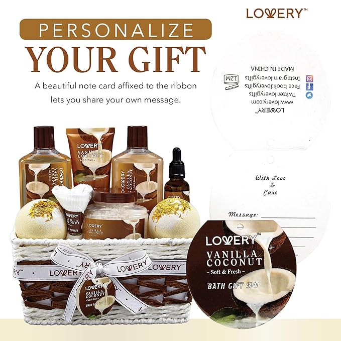 Gifts For Women Gift Basket for Women– 9 Piece Christmas Gifts Set of Vanilla Coconut Home Spa Set, Luxurious Holiday Bath and Body Sets Includes Fragrant Lotions, Extra Large Bath Bombs, Coconut Oil