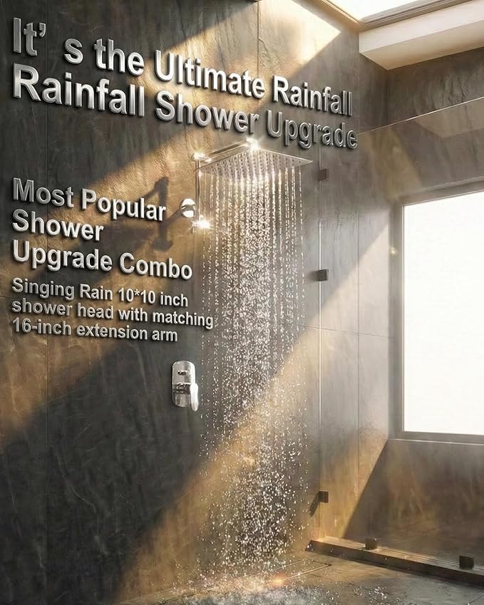 All Metal Rain Shower Head, 10'' High Pressure Rainfall Square Showerhead with 16" Shower Head Extension Arm, Brass Adjustable Shower Arm Extender, Waterfall fixed Showerheads, Chrome