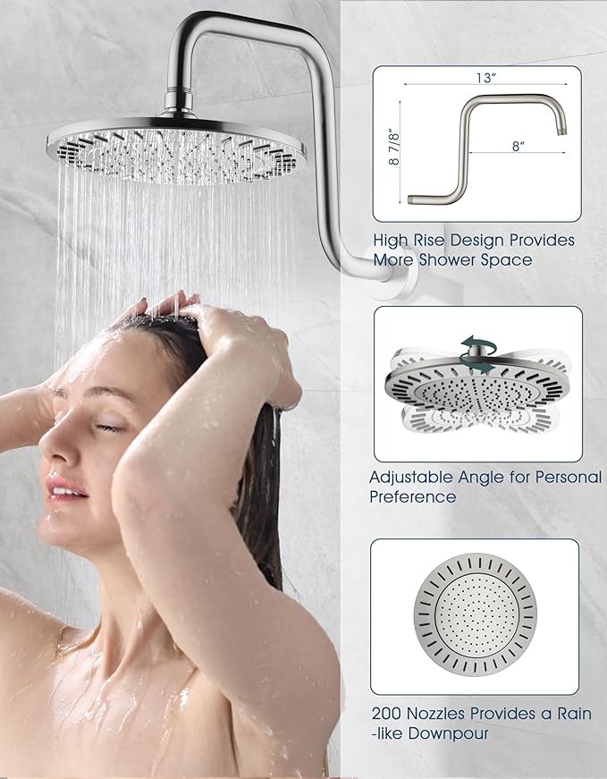 BRIGHT SHOWERS Shower Faucet Set, Shower System with Shower Valve Trim Kit, Double Handle Shower Fixture Rainfall Shower Head and 9-Setting Handheld Spray Combo, Valve Included, Brushed Nickel