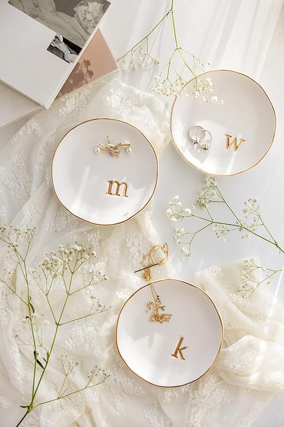 COLLECTIVE HOME - Ceramic Jewelry Tray, Decorative Trinket Dish for Rings Earrings Necklaces Bracelet Watch Keys, Birthday Mother's Day Christmas Gift for Women, 4.75", White Surface (B)