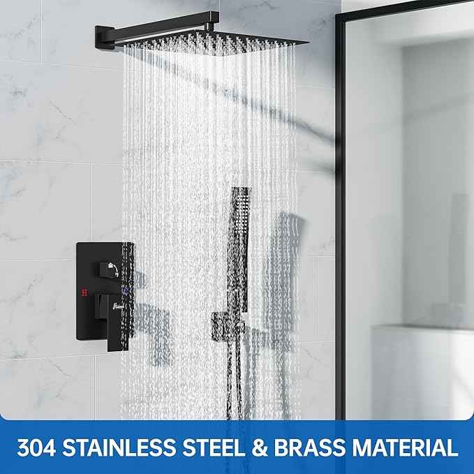 8 Inch Luxury Rain Shower Faucet Set, Matte Black Shower System with Rainfall Shower Head and Handheld Spray, SUS304 Stainless Steel and Solid Brass Wall Mounted Shower Valve Trim Kit